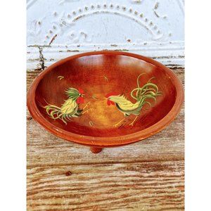 Vintage Wood Footed Munsing Bowl Hand Painted Fighting Roosters